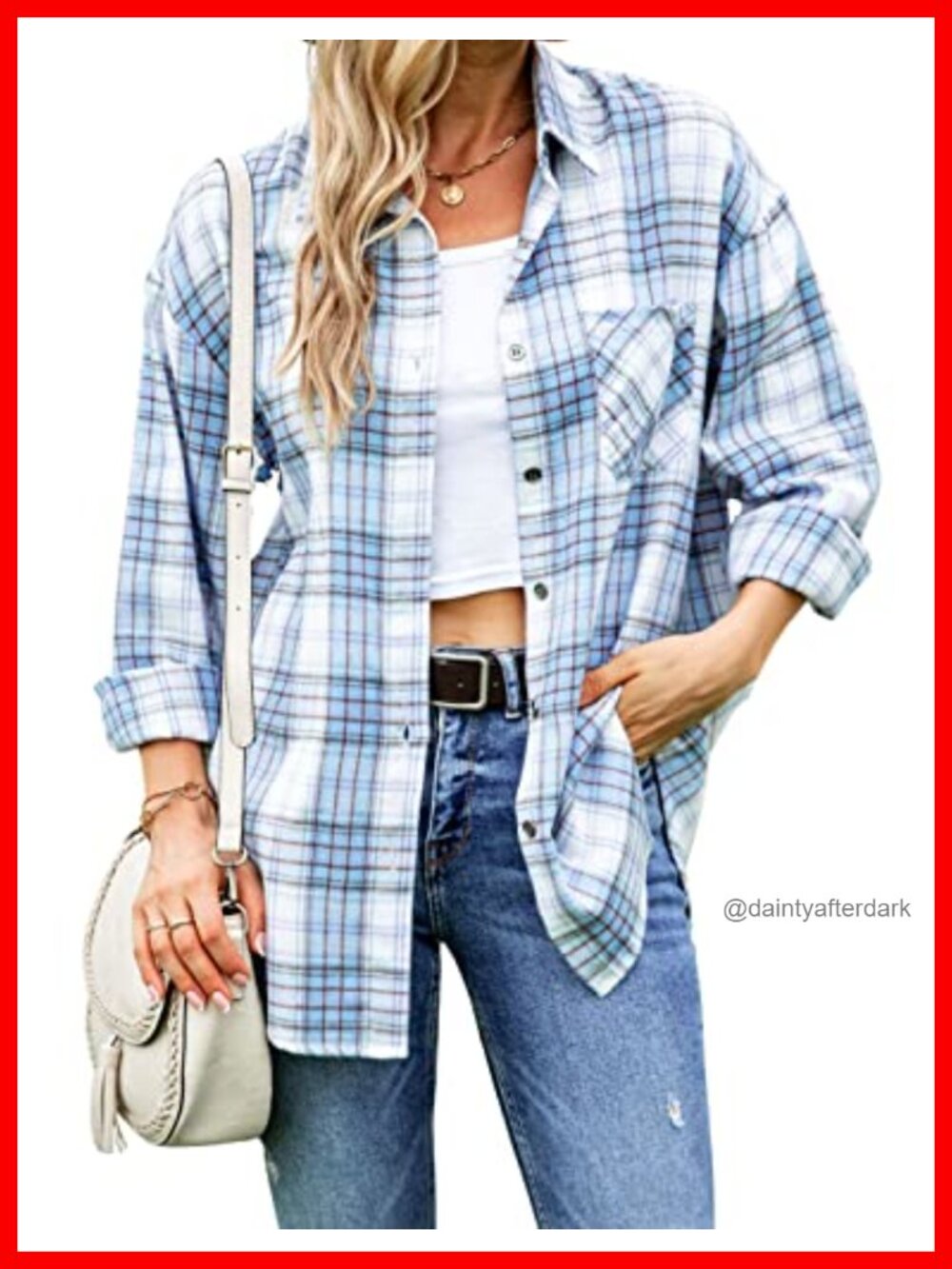 Oversized Plaid Flannel Button Down Shirt Roll Up Sleeve Chest Pocket